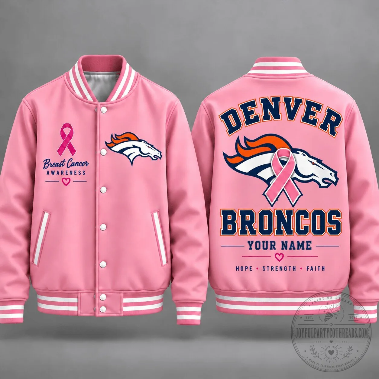 Denver Broncos Personalized Breast Cancer Awareness Pink Varsity Jacket