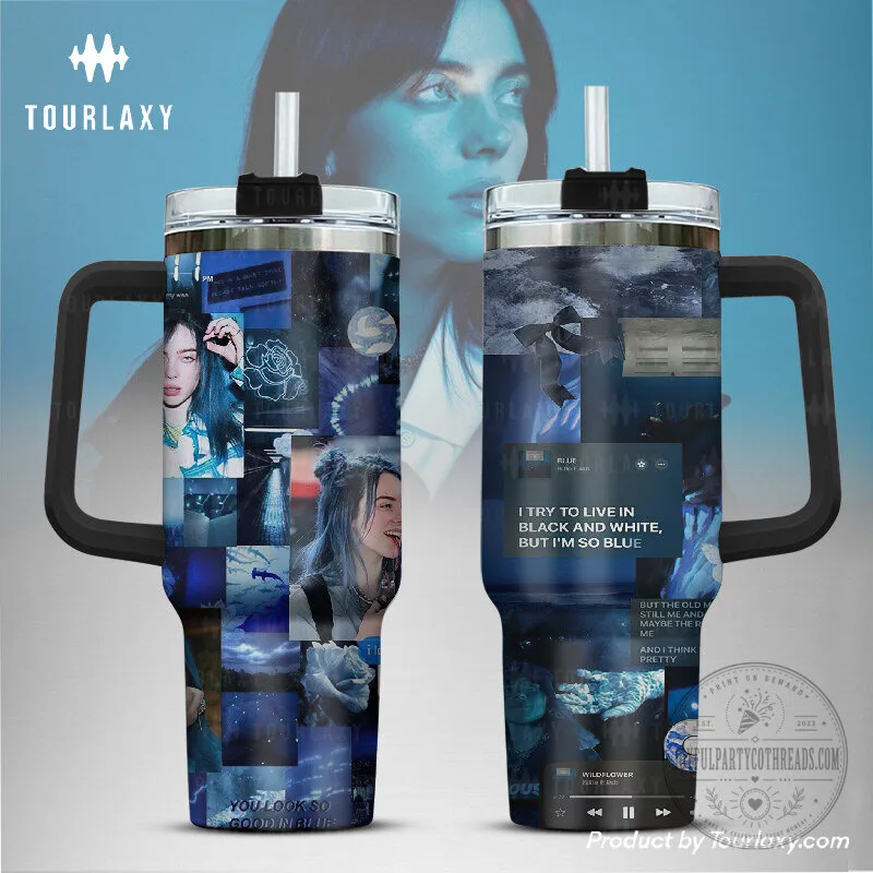 Billie Eilish Blue Themed Collage Music Lyrics Stainless Steel Tumbler