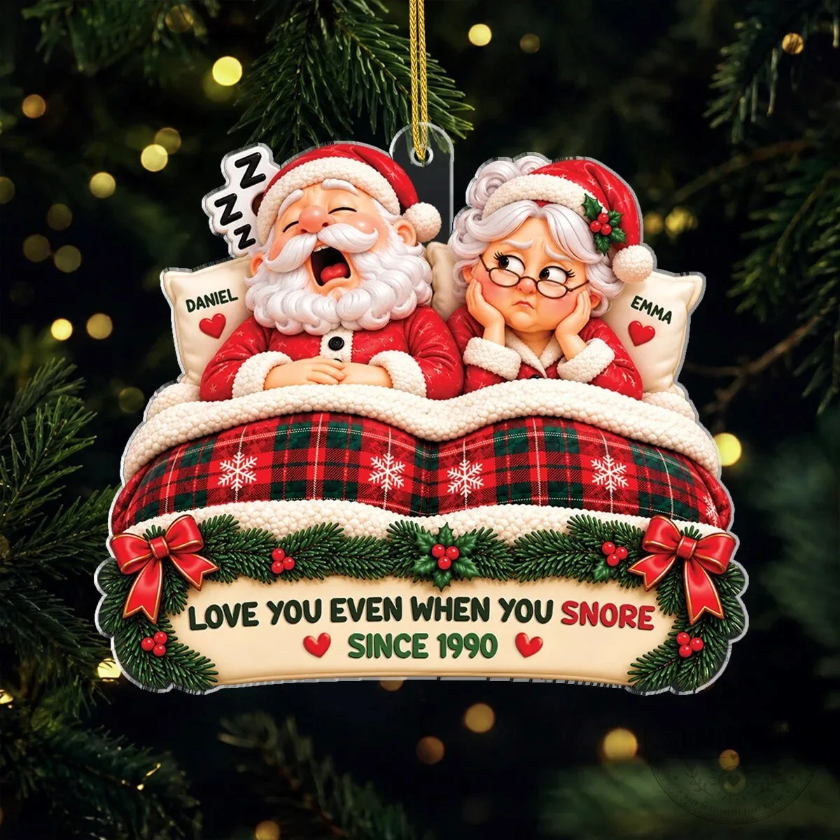Personalized Santa Claus and Mrs Claus Snoring Christmas Tree Ornament