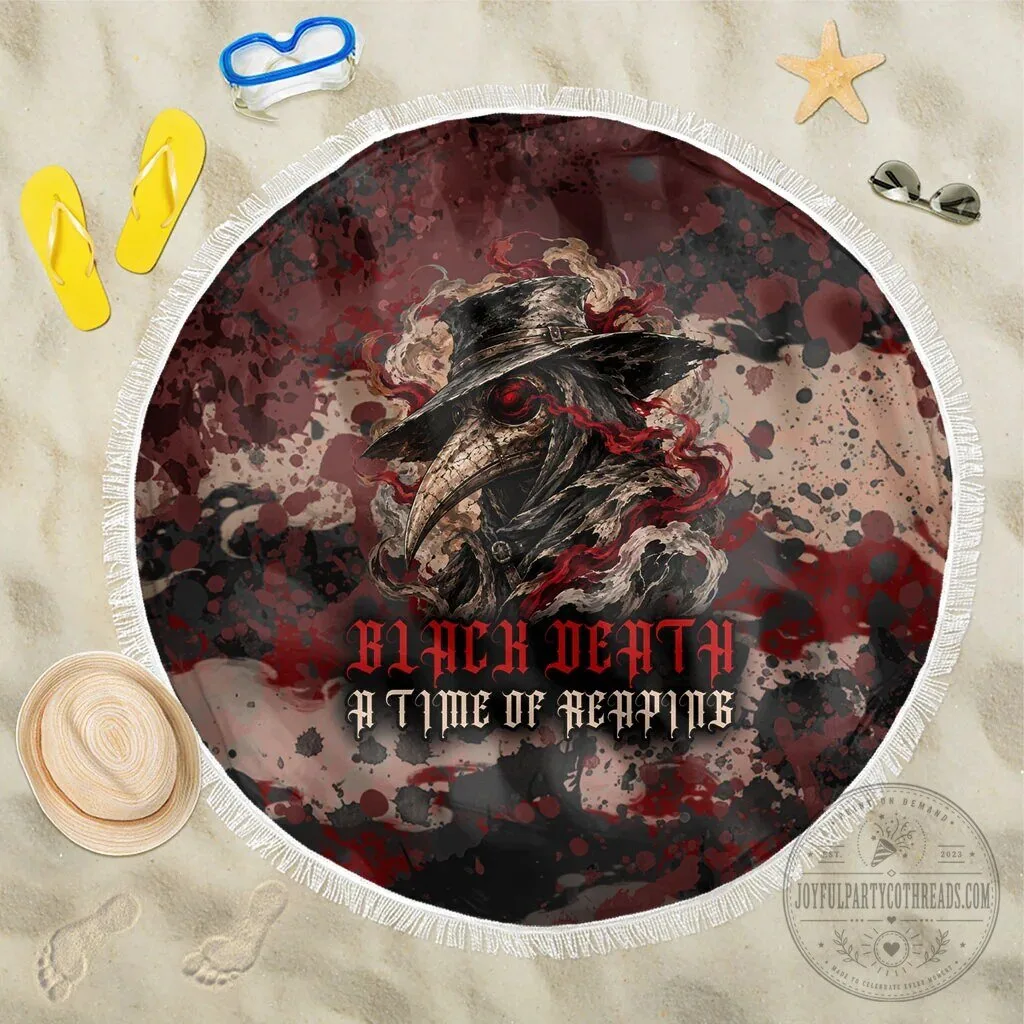 Black Death A Time of Reaping Grim Reaper Plague Doctor Round Beach Blanket