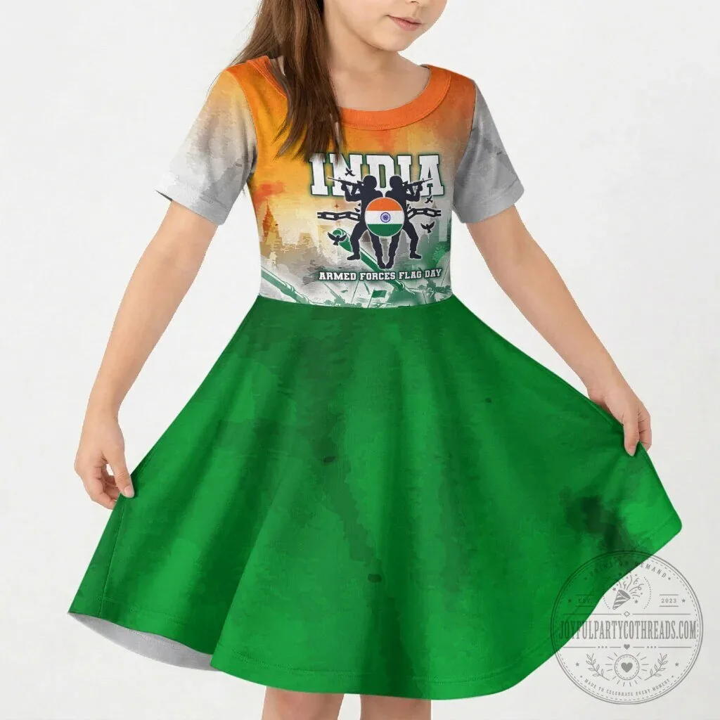 India Armed Forces Flag Day Kids Short Sleeve Dress Military Indian Flag Silhouette