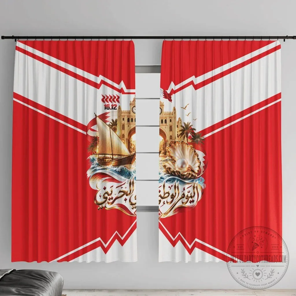 Bahrain National Day Window Curtain Set with Cultural Flag Emblem Vintage Collage