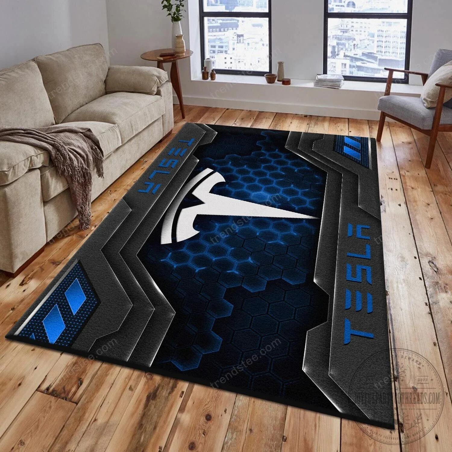 Tesla Logo Hexagon Pattern Black and Blue Area Rug