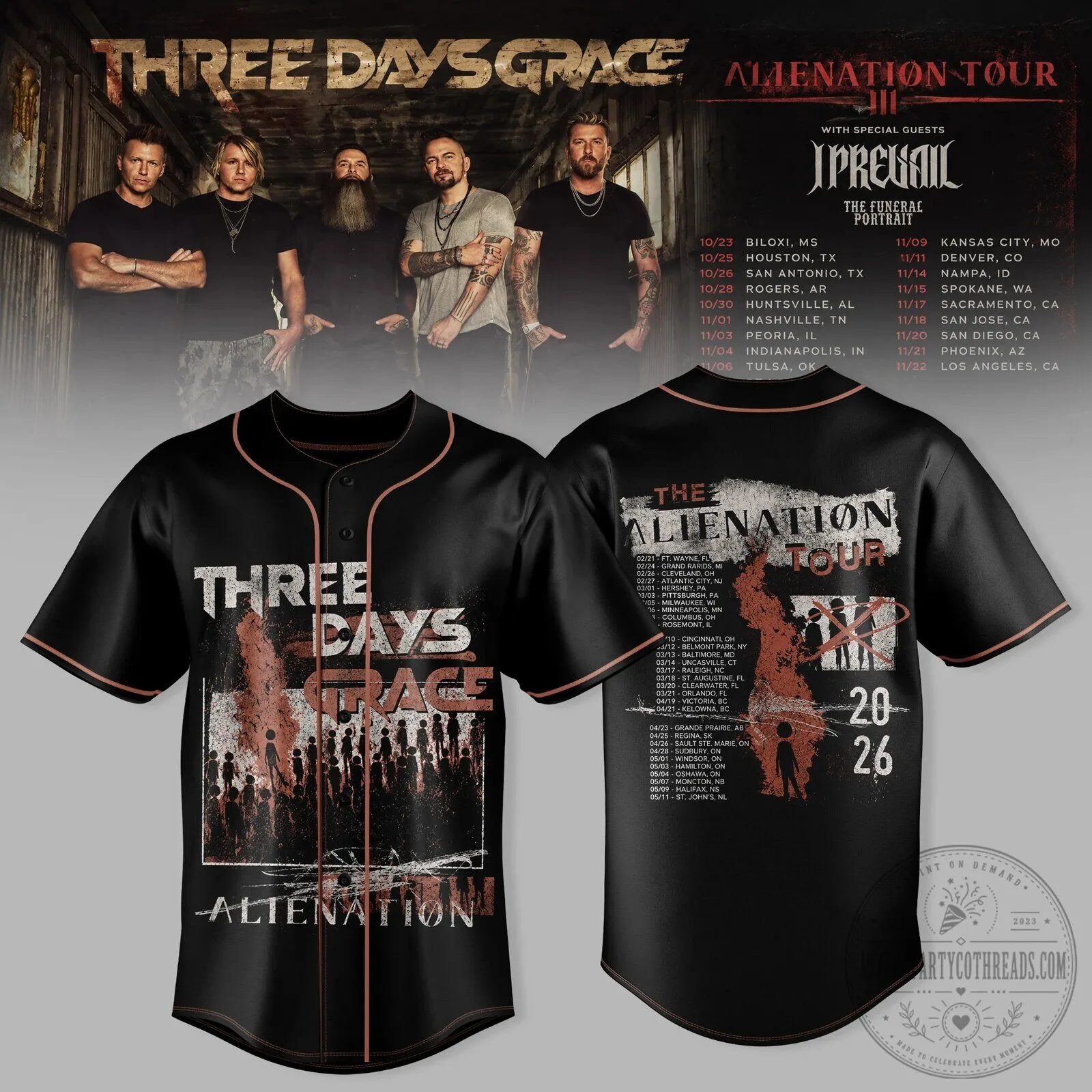 Three Days Grace Alienation Tour 2026 Vintage Rock Band Baseball Jersey