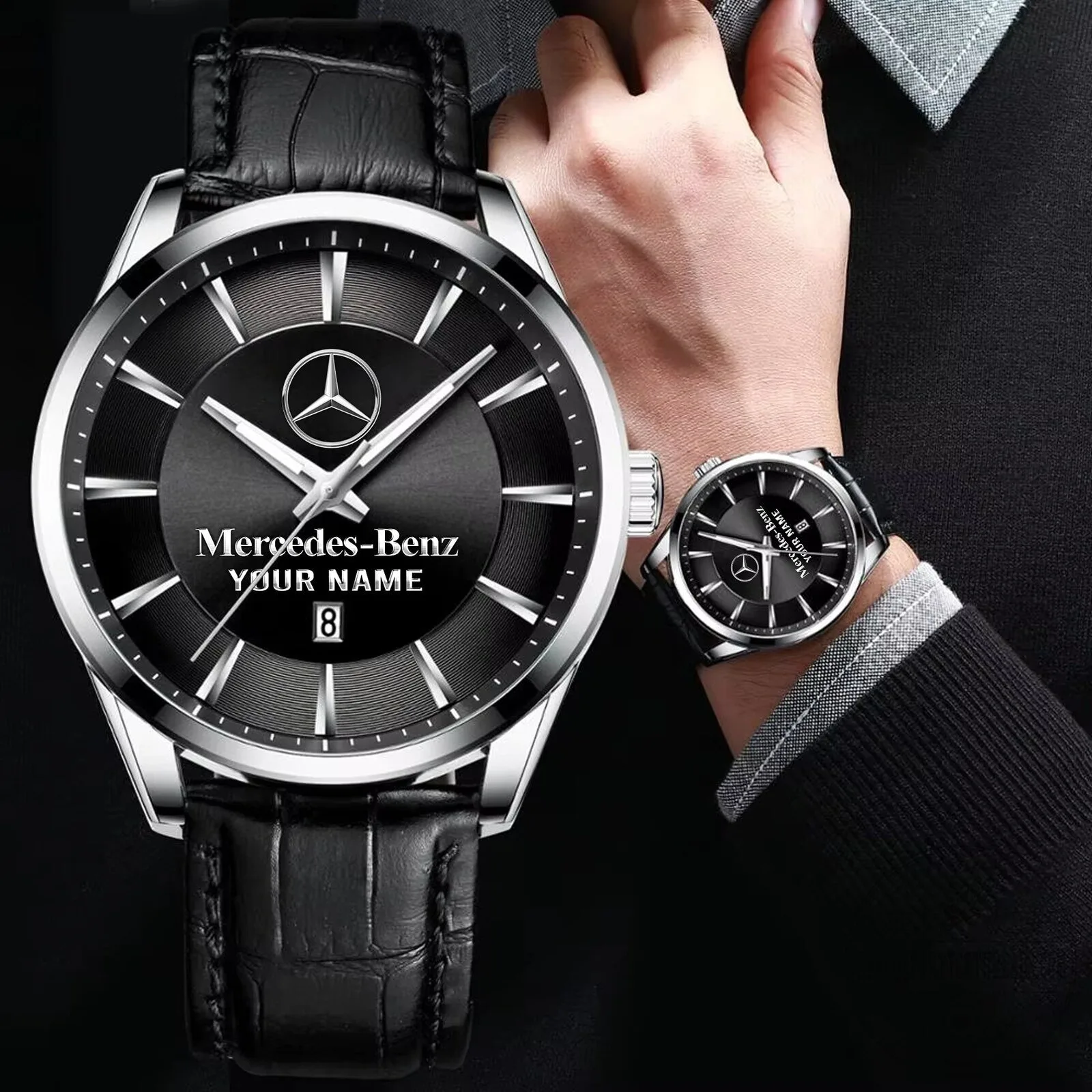 Mercedes-Benz Custom Name Black Leather Strap Quartz Watch for Men