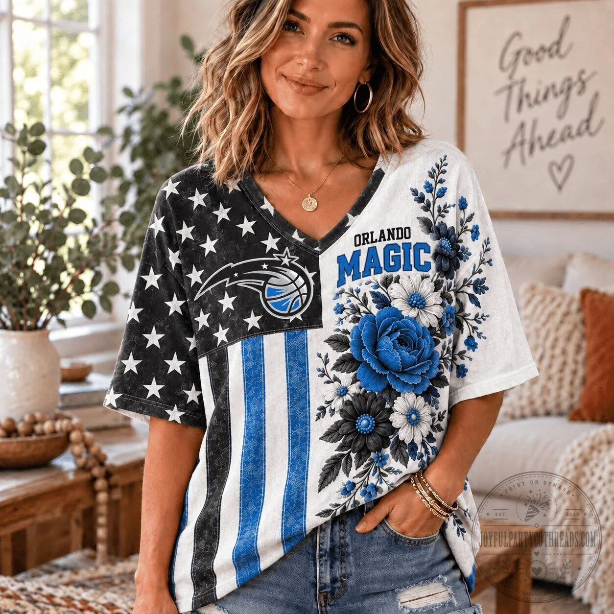 Orlando Magic NBA Fan Shirt for Women, Patriotic Floral V-Neck T-Shirt