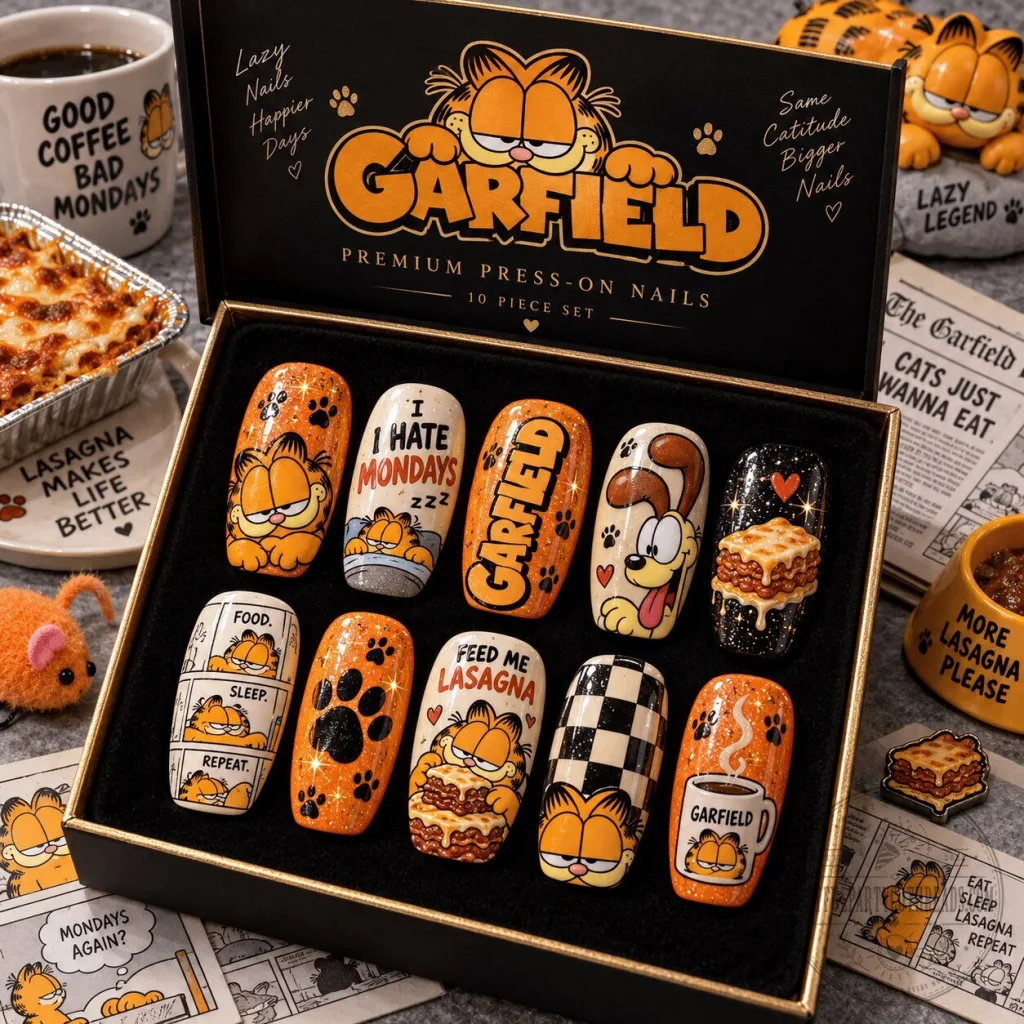 Garfield Lasagna and Checkerboard Cartoon Press-On Nail Set for Comic Fans Garfield Lasagna and Checkerboard Cartoon Press-On Nail Set for Comic Fans