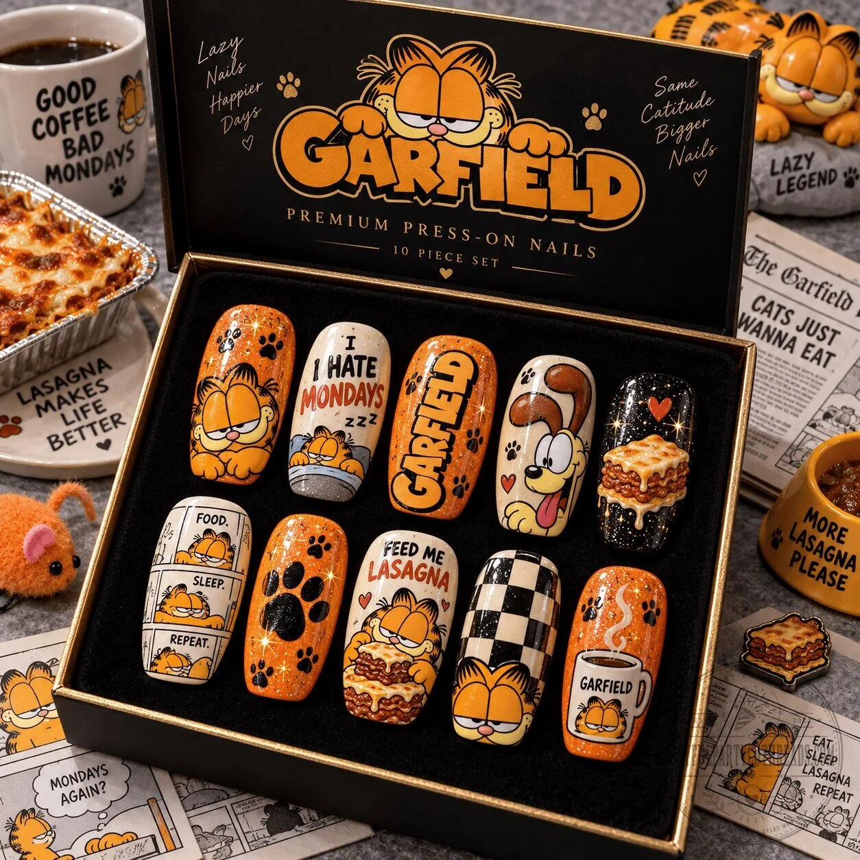 Garfield Lasagna and Checkerboard Cartoon Press-On Nail Set for Comic Fans