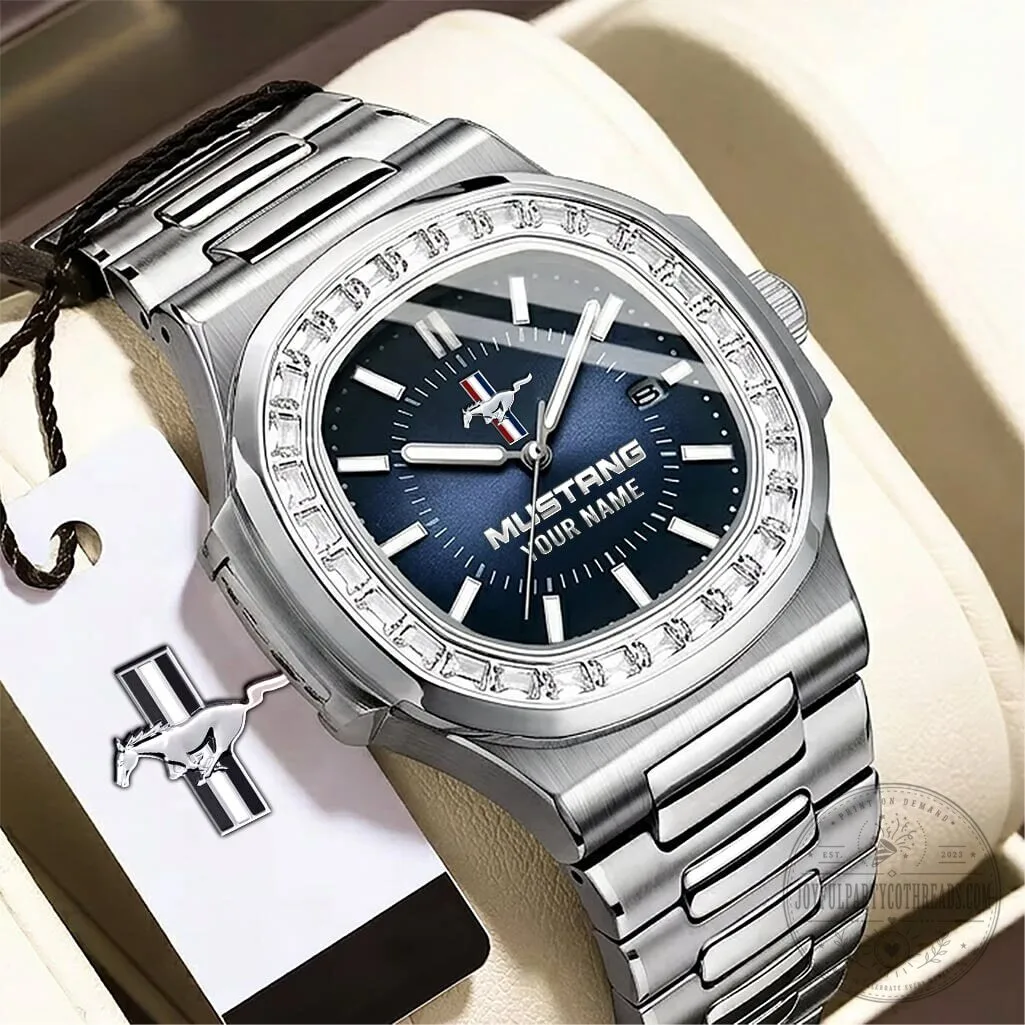 Custom Ford Mustang Diamond Bezel Stainless Steel Watch with Personalized Name