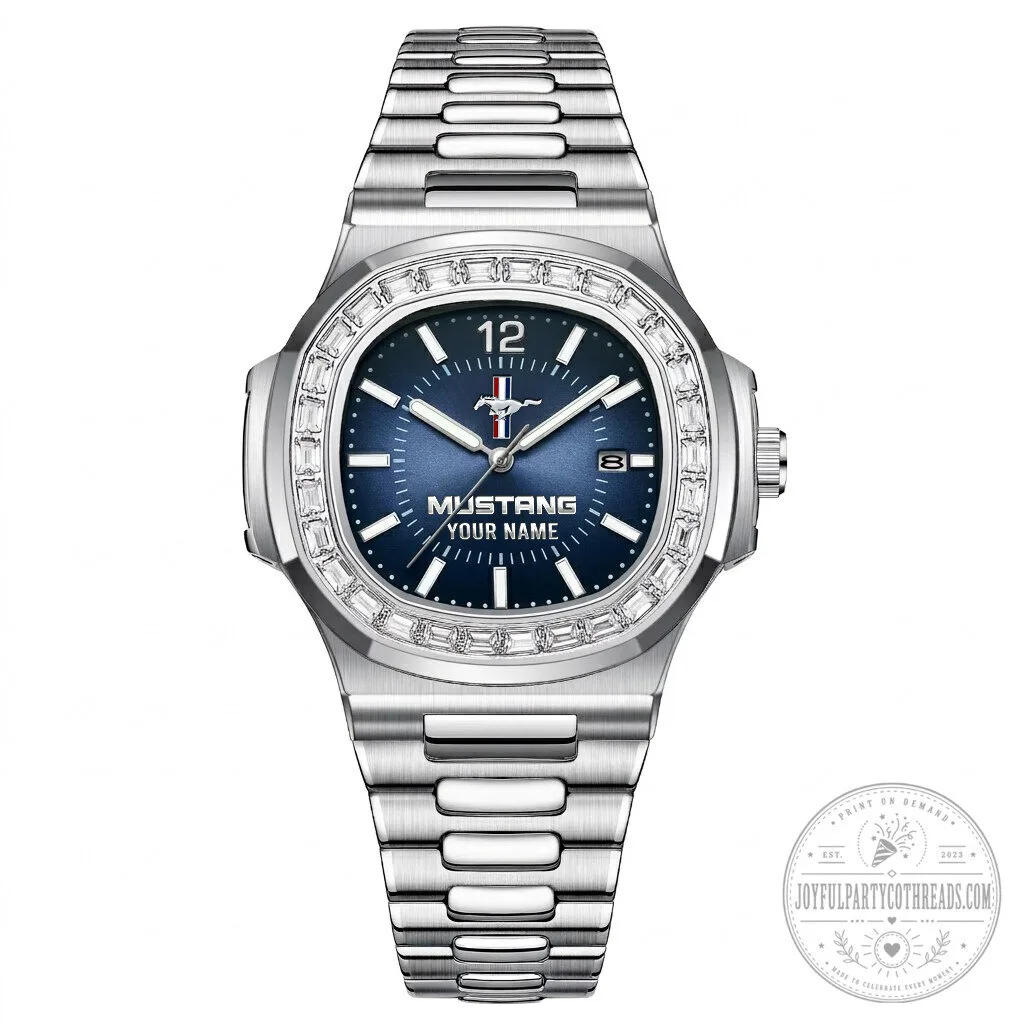 Custom Ford Mustang Diamond Bezel Stainless Steel Watch with Personalized Name 14 Custom Ford Mustang Diamond Bezel Stainless Steel Watch with Personalized Name