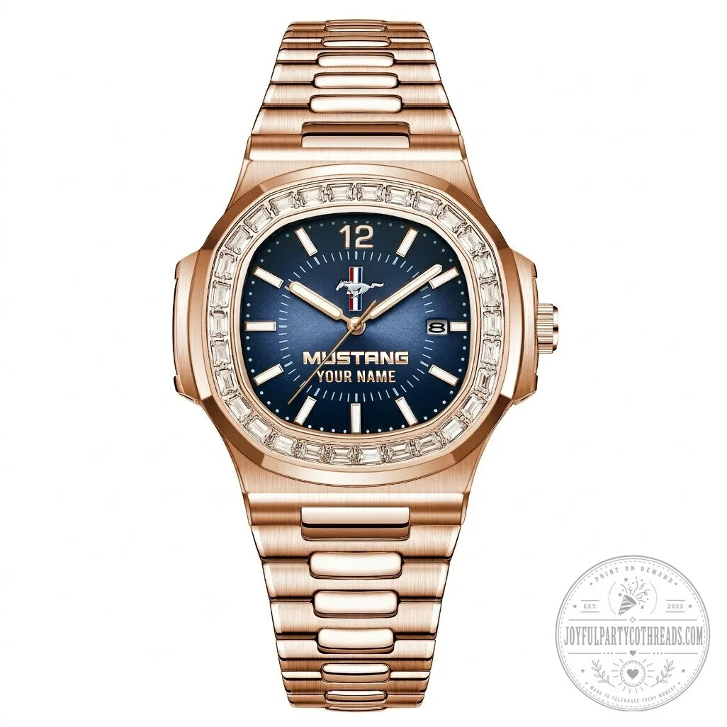 Custom Ford Mustang Diamond Bezel Stainless Steel Watch with Personalized Name 17 Custom Ford Mustang Diamond Bezel Stainless Steel Watch with Personalized Name