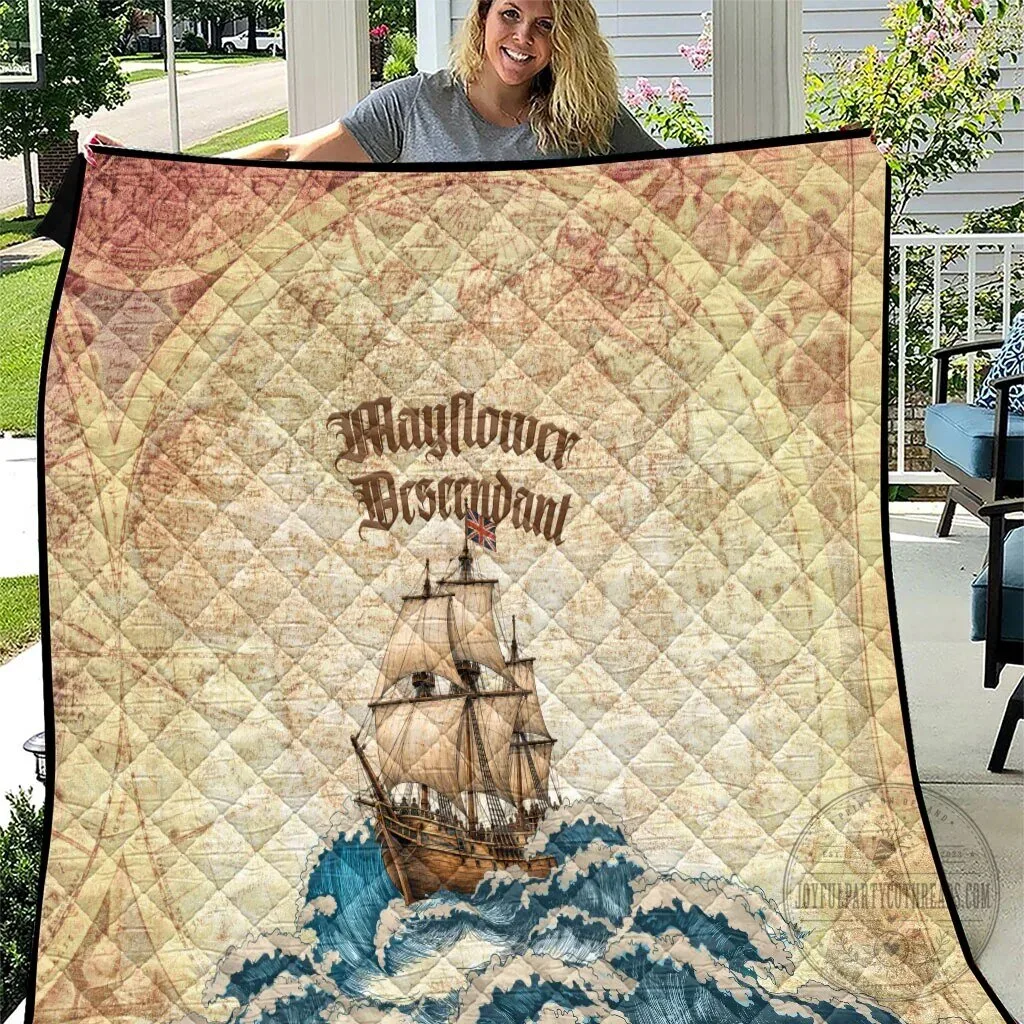 Mayflower Descendant Ship Vintage Nautical Map Ocean Waves Quilt Blanket