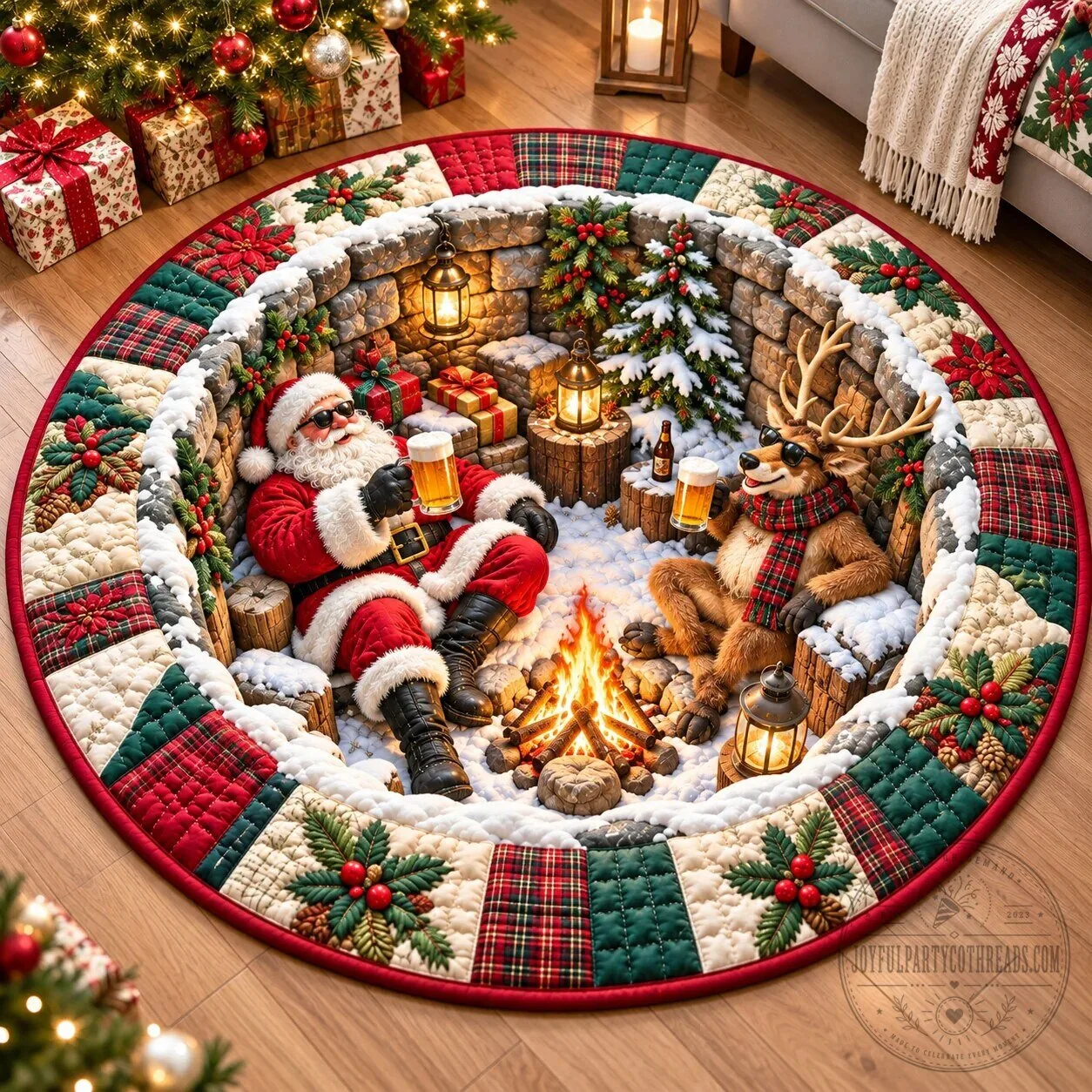 Santa Claus and Reindeer Christmas Campfire Quilted Doormat