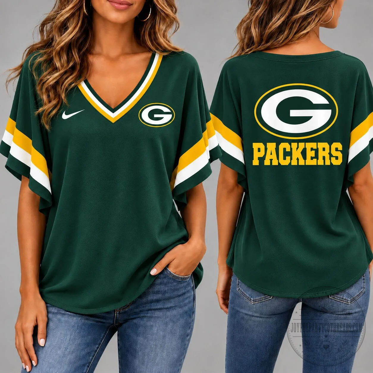 Green Bay Packers Women's Football V-Neck Short Sleeve T-Shirt