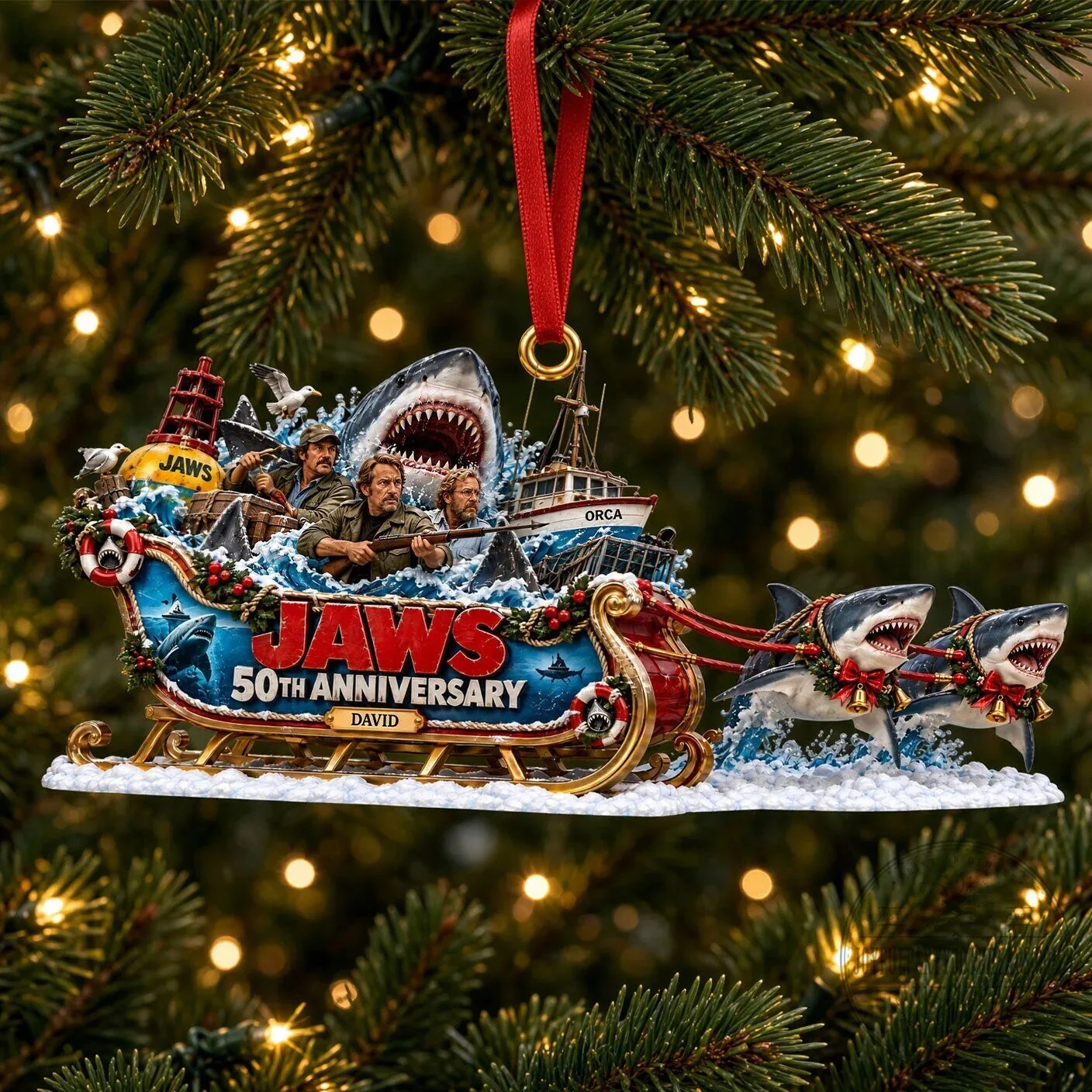 Jaws 50th Anniversary Christmas Sleigh Ornament