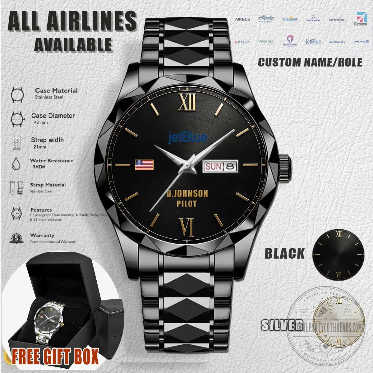 JetBlue Airways Pilot Stainless Steel Wrist Watch with Custom Name