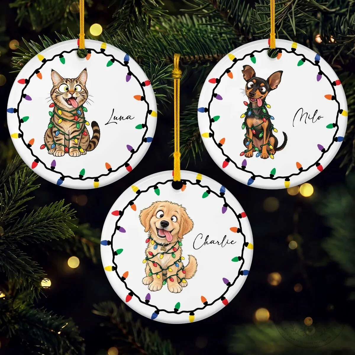 Personalized Pet Christmas Lights Ceramic Ornament - Custom Cat Dog Holiday Decor