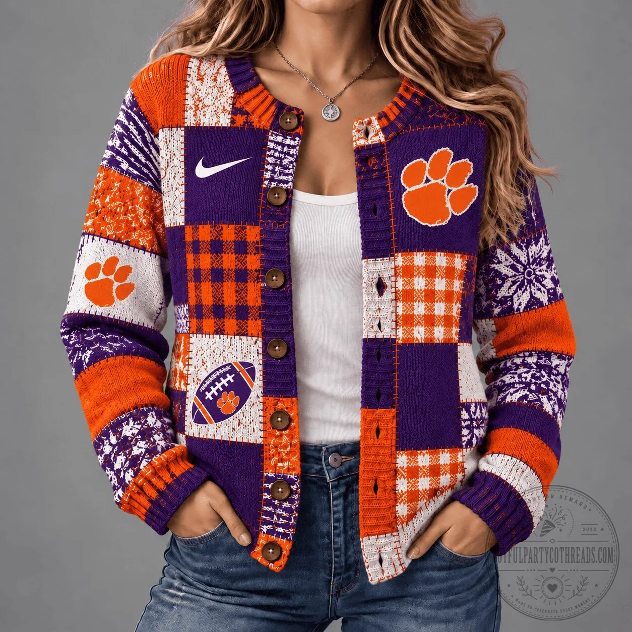 Clemson Tigers Football Patchwork Cardigan Sweater