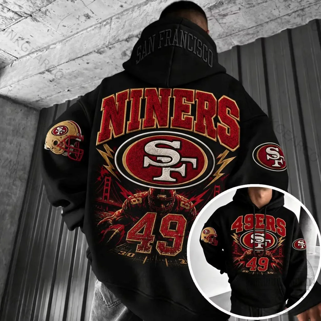San Francisco 49ers Football Team Helmet Logo Graphic Black Hoodie San Francisco 49ers Football Team Helmet Logo Graphic Black Hoodie