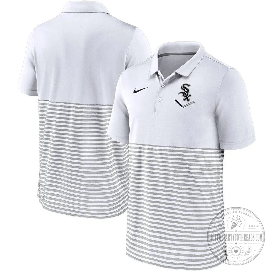 Chicago White Sox White and Gray Striped Nike Logo Polo Shirt for Men