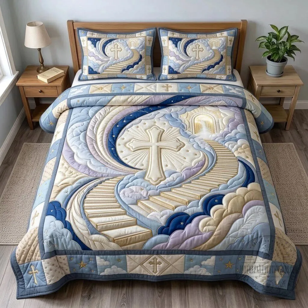 Stairway To Heaven Christian Cross Quilted Bedding Set