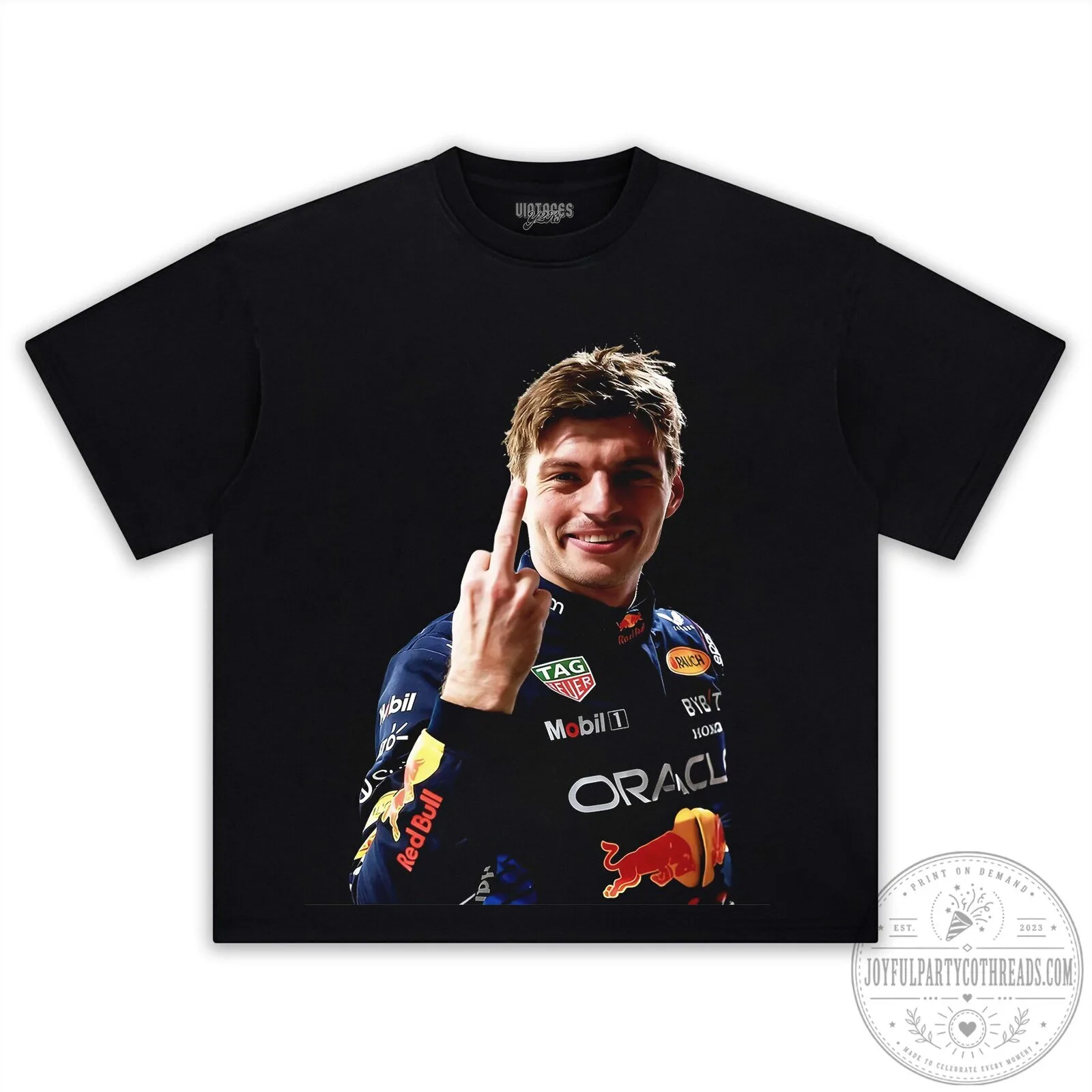 Humorous Formula One T-Shirt Featuring Max Verstappen’s Finger Gesture