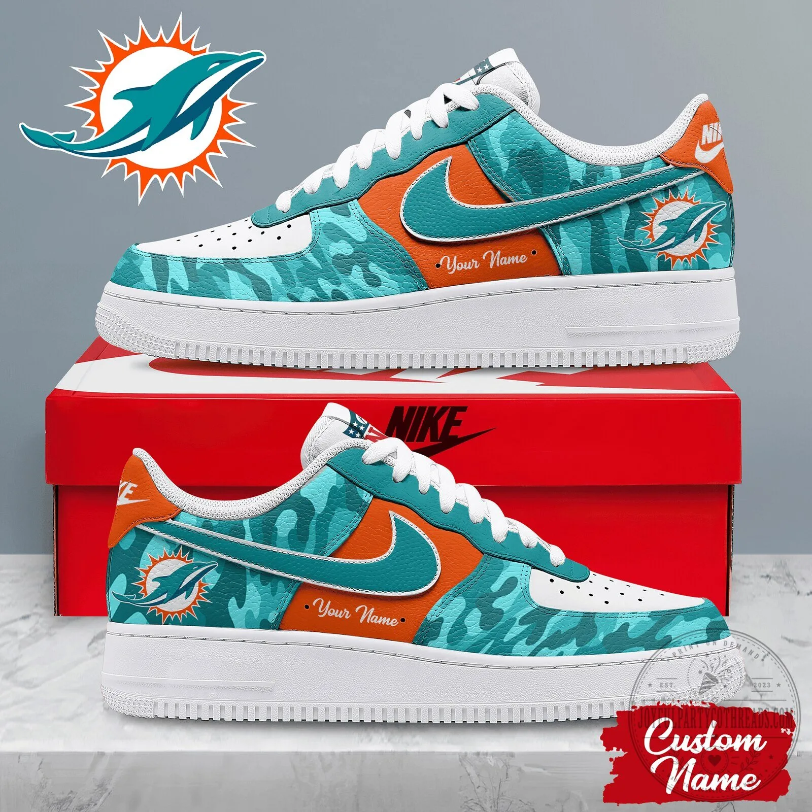 Miami Dolphins NFL Team Logo Custom Name White and Aqua Pattern Sneakers