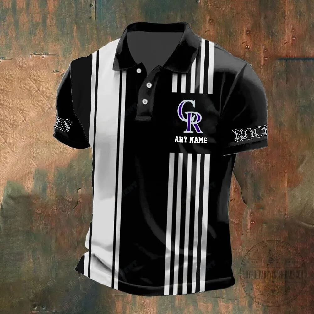 Colorado Rockies Personalized Black and White Striped Polo Shirt