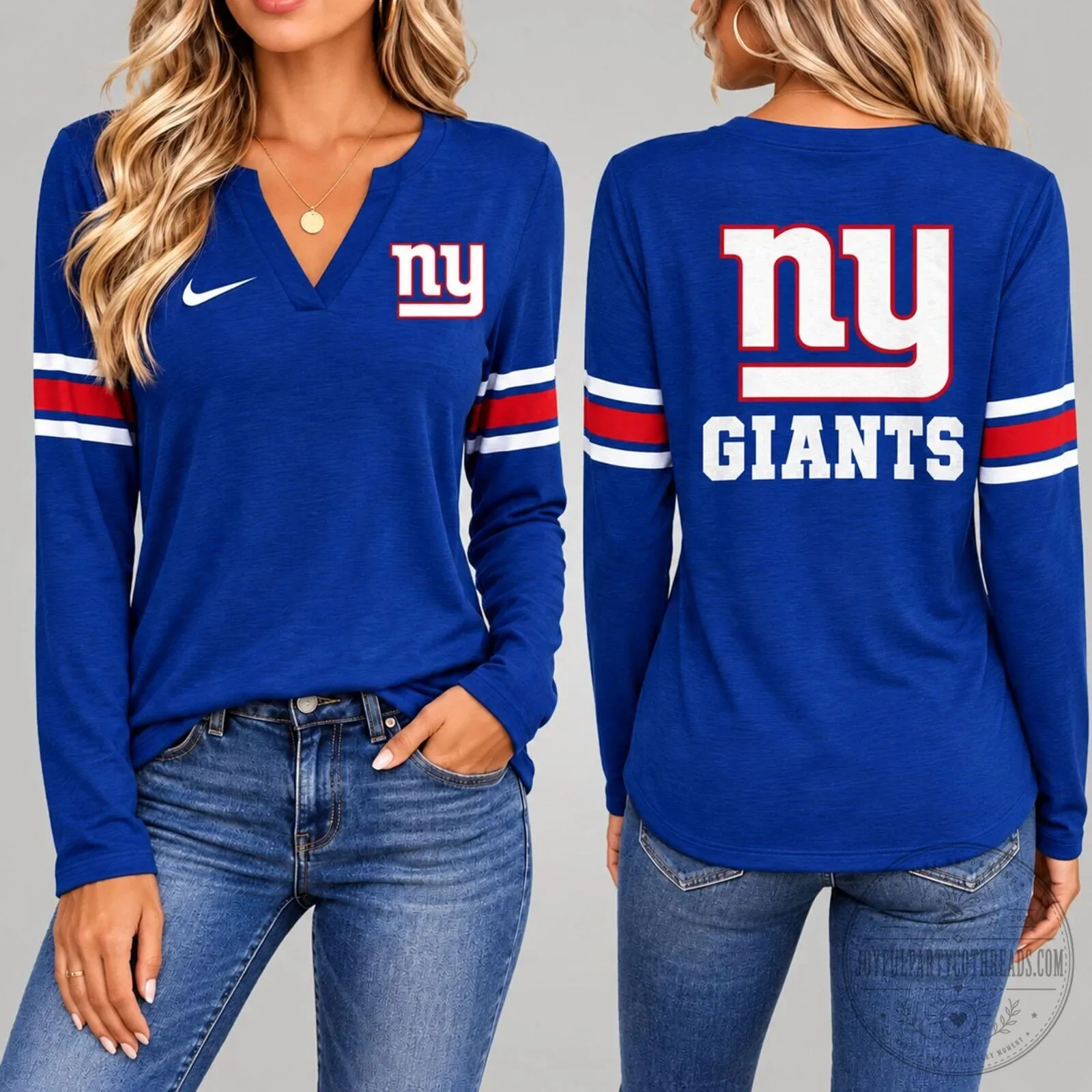 New York Giants Women's V-Neck Long Sleeve Shirt NFL Football Fan Apparel