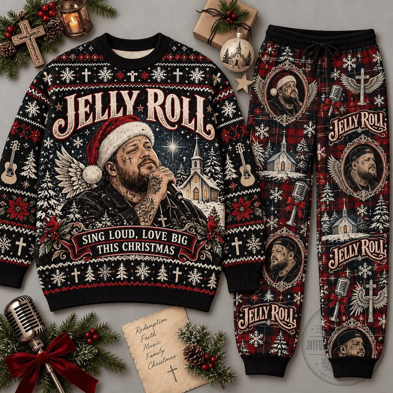 Jelly Roll Sing Loud Love Big This Christmas Ugly Sweater and Jogger Pants Set