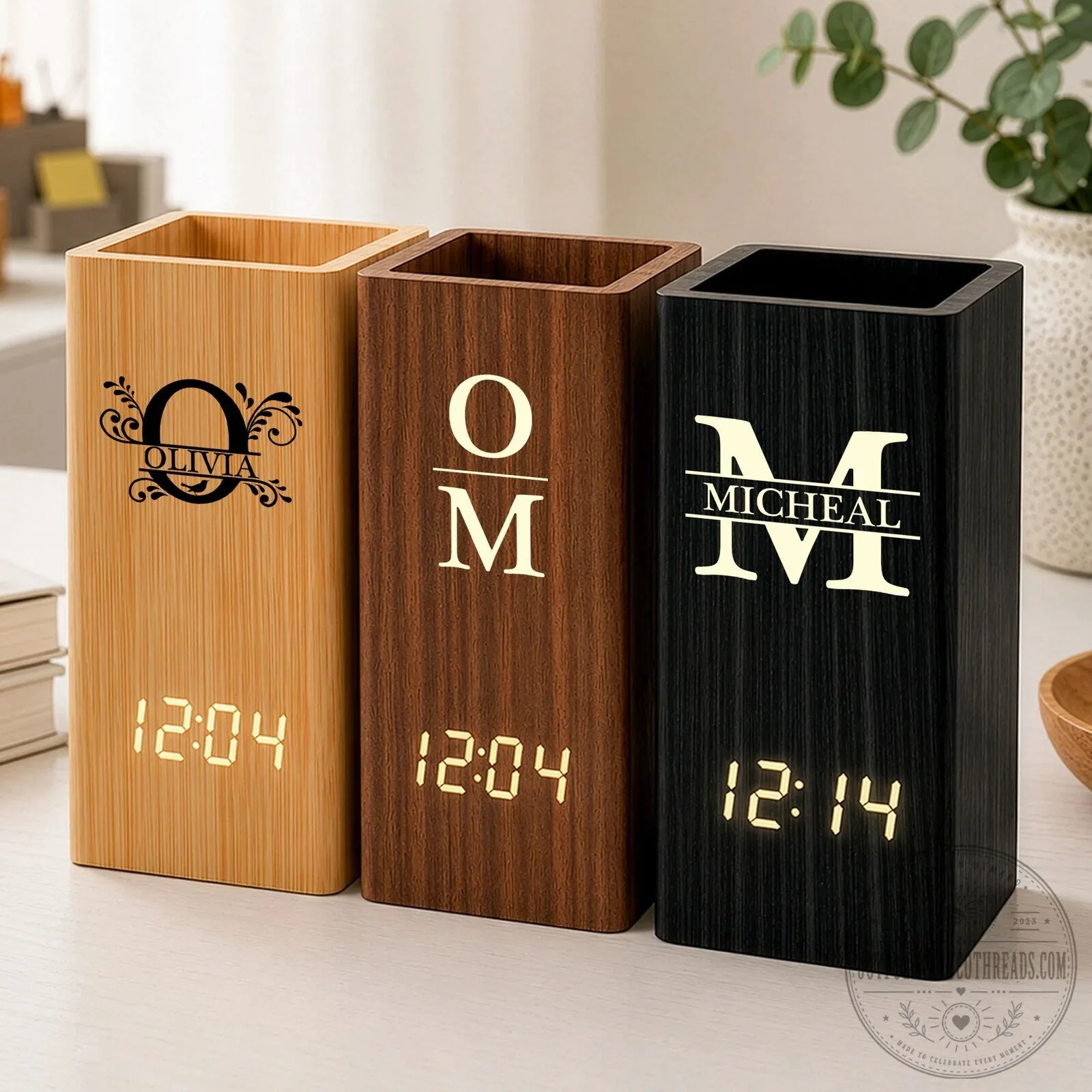 Personalized Wooden Pen Holder with Digital Clock and Custom Monogram Initial