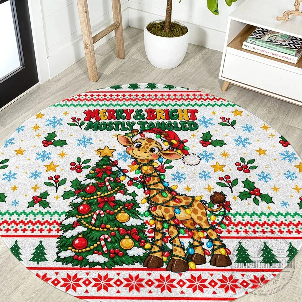 Merry And Bright Mostly Tangled Christmas Giraffe Round Area Rug
