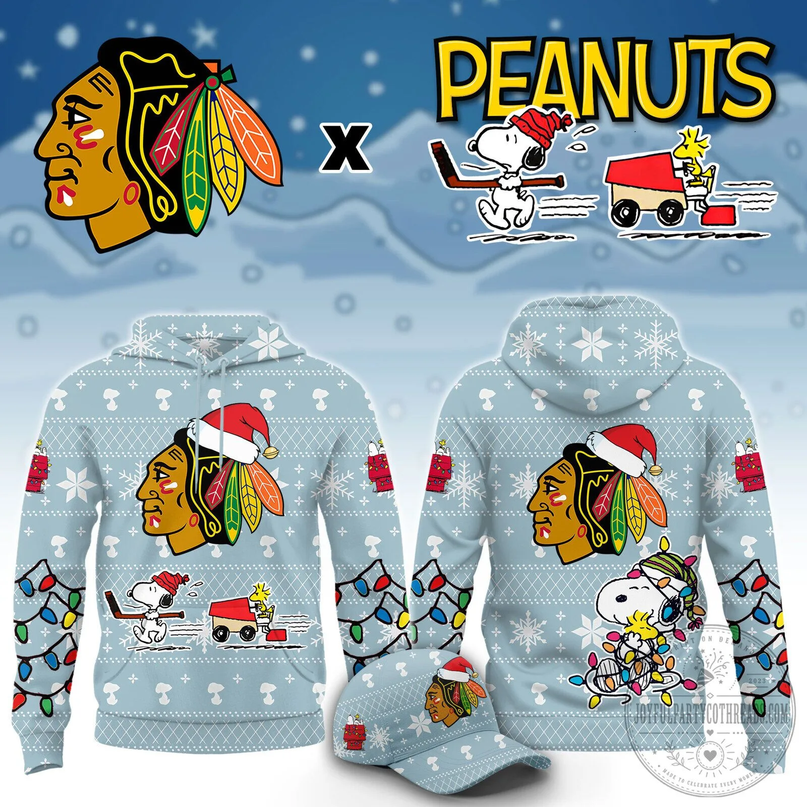 Chicago Blackhawks Peanuts Snoopy Christmas Snowflakes Ugly Sweater Hoodie