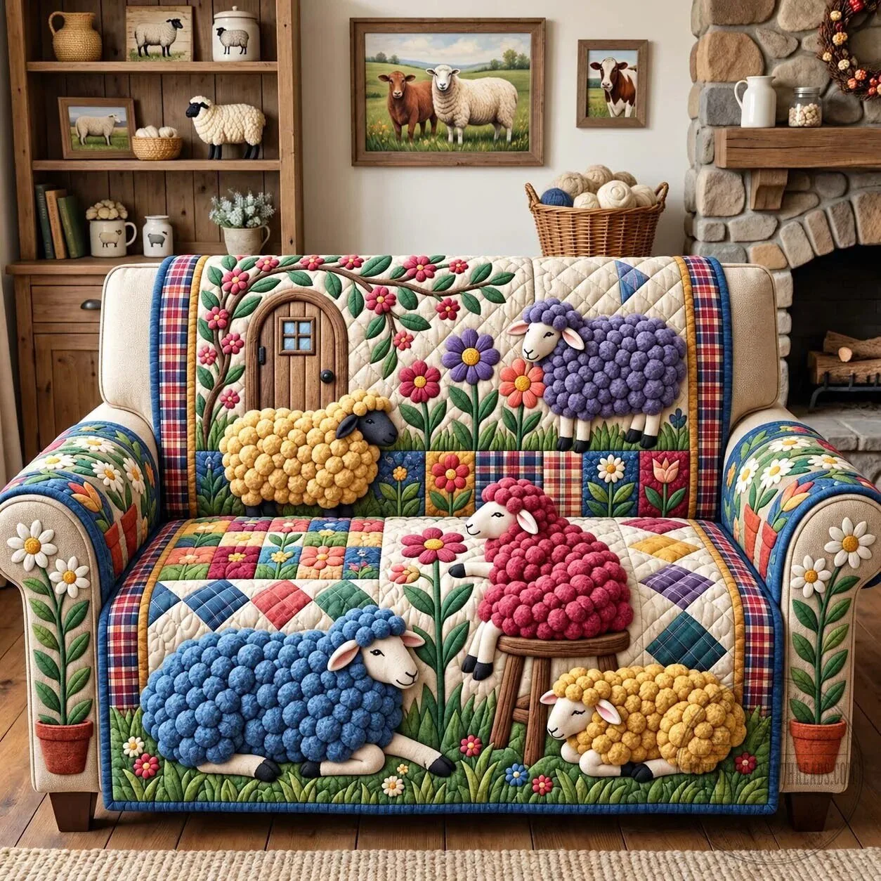 Blooming Wool Cottage Quilted Sofa Cover with Sheep and Flowers