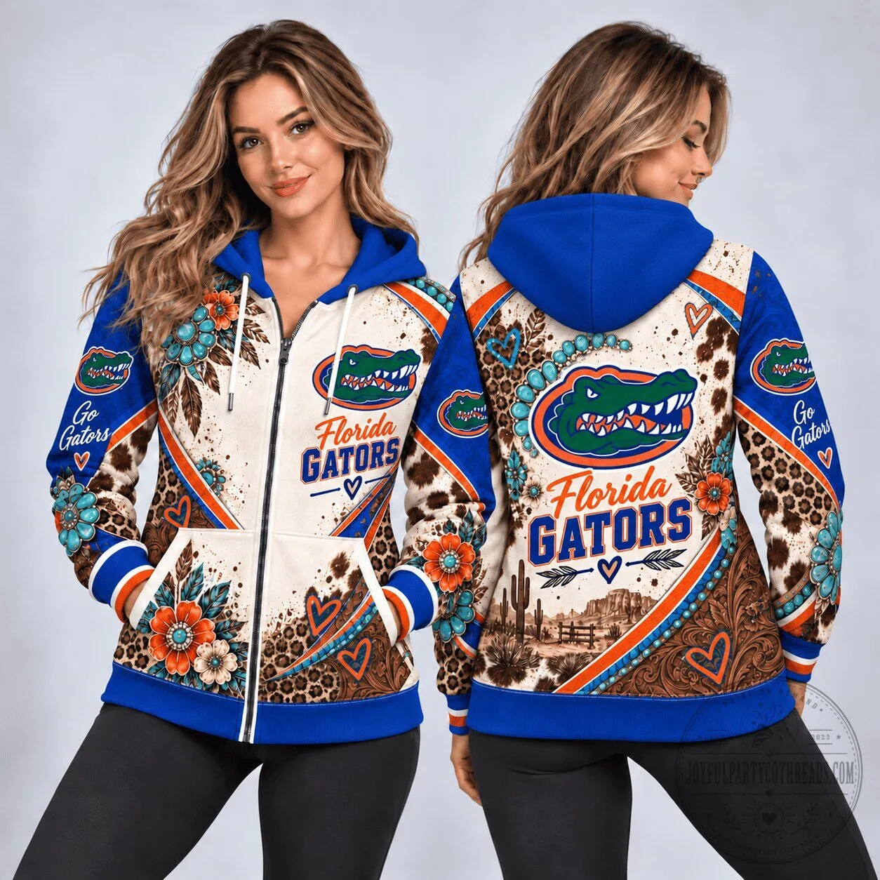 Florida Gators Western Boho Floral Leopard Print Full Zip Hoodie