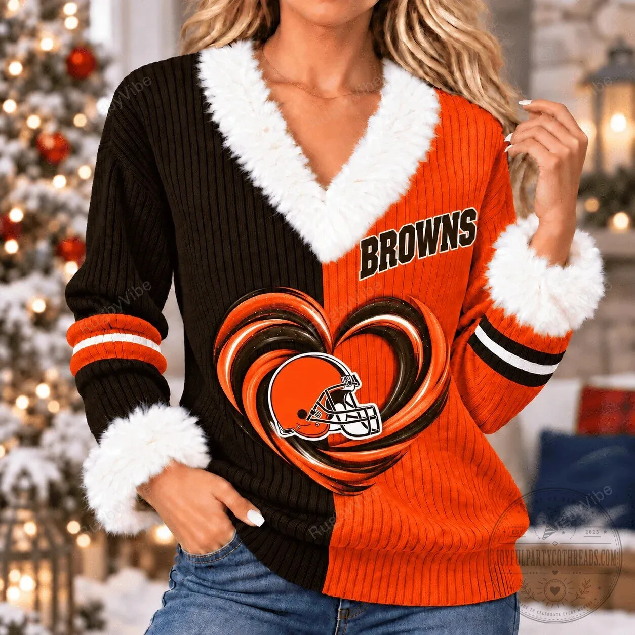 Cleveland Browns Football Team Heart Logo Split Color Faux Fur Collar Sweater