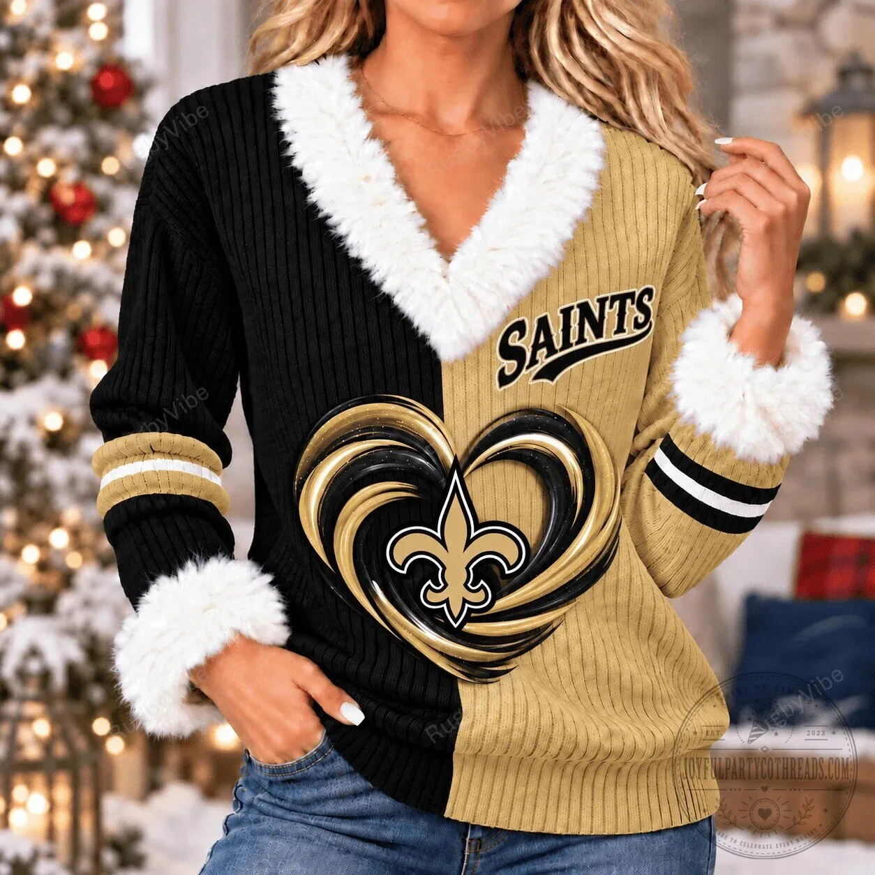 New Orleans Saints Black Gold Heart Logo Faux Fur Collar Knit Sweater