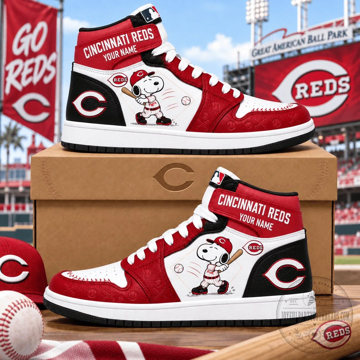 Cincinnati Reds Snoopy Baseball High Top Sneakers Custom Name Shoes