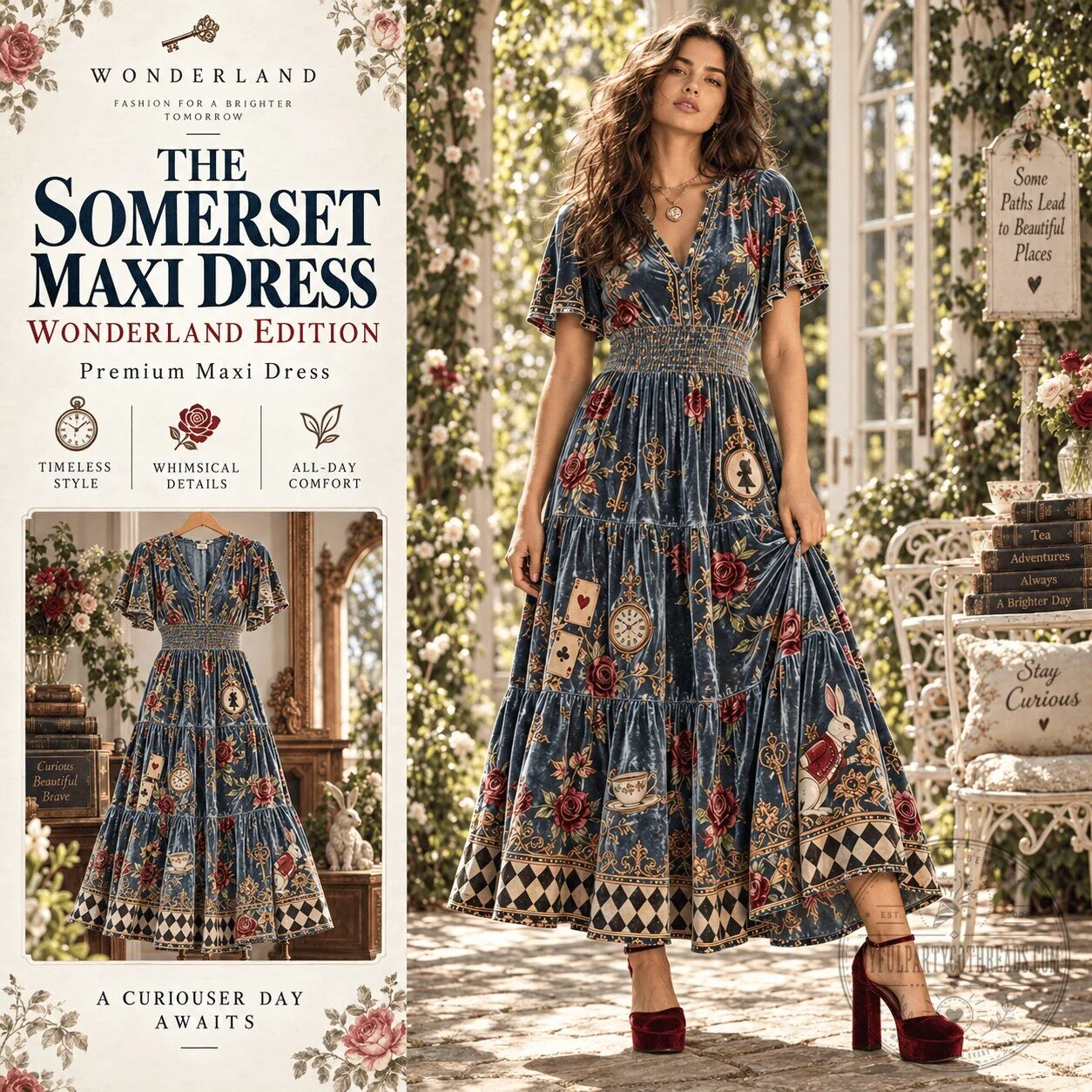 Alice in Wonderland Velvet Maxi Dress with Floral and Playing Card Print 1 Alice in Wonderland Velvet Maxi Dress with Floral and Playing Card Print