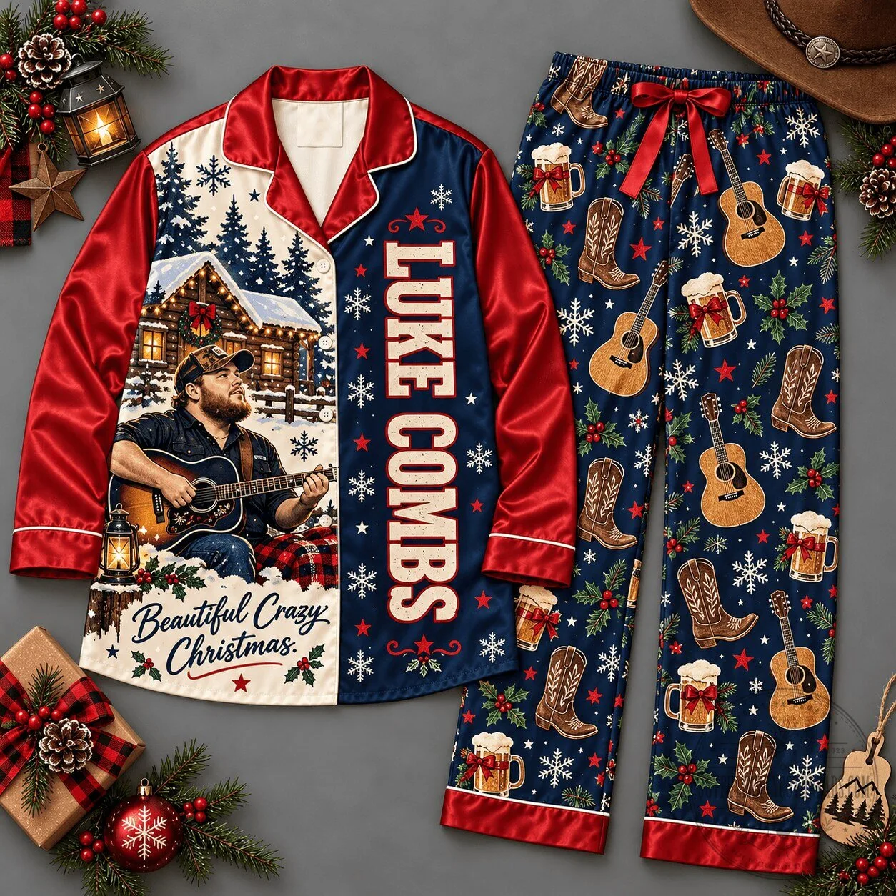 Luke Combs Beautiful Crazy Christmas Holiday Pattern Pajamas Set