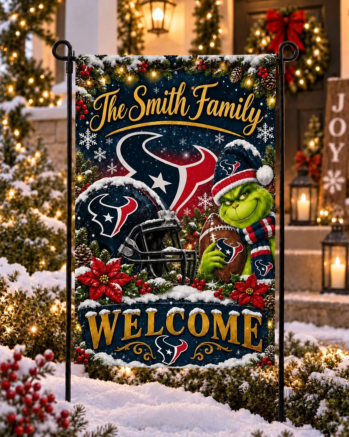 Houston Texans NFL Grinch Christmas Personalized Family Welcome Garden Flag