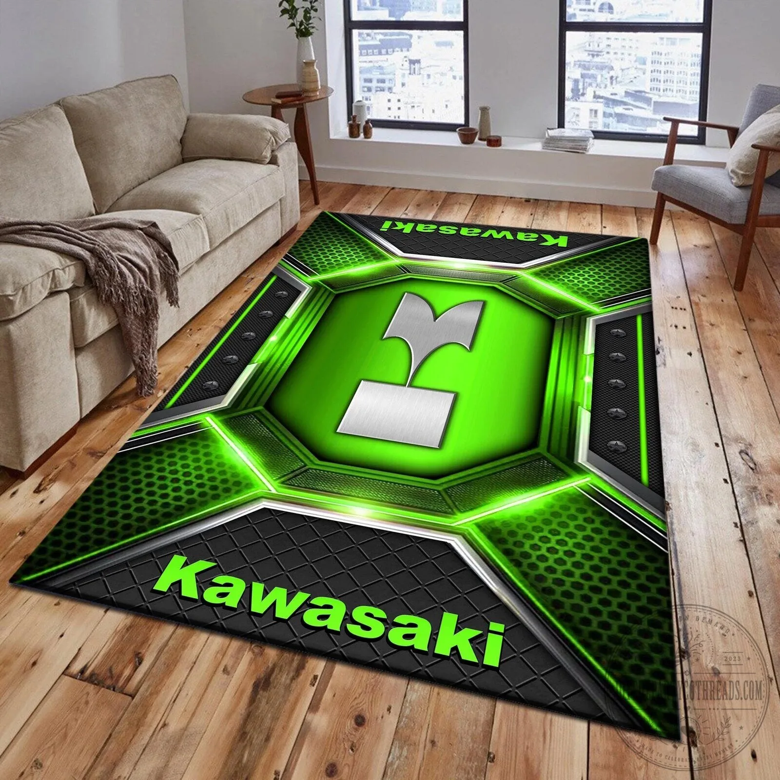 Kawasaki Motorcycle Racing Team Logo Green and Black Area Rug