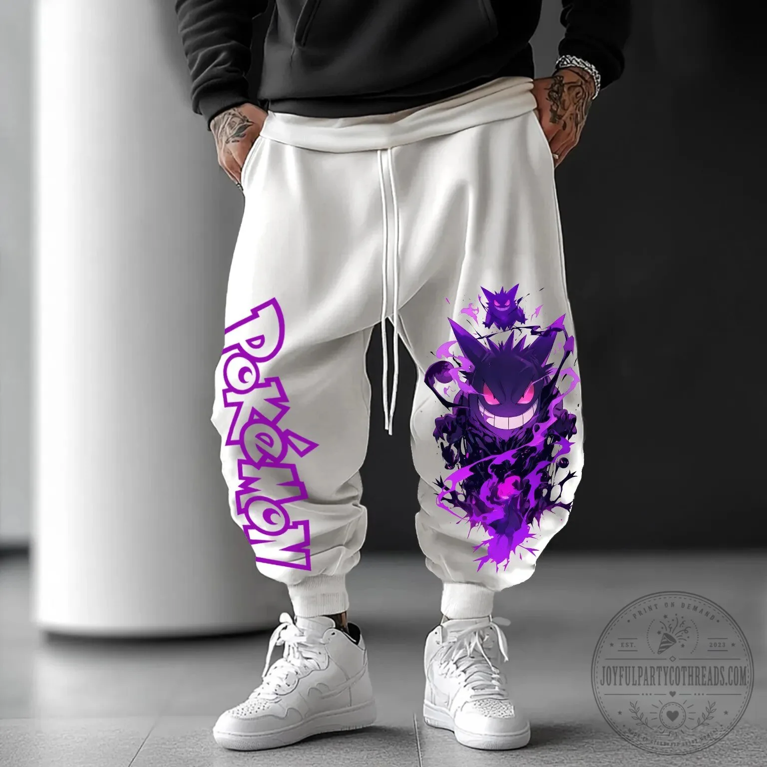 Pokemon Gengar Purple Graphic White Jogger Sweatpants for Men and Women