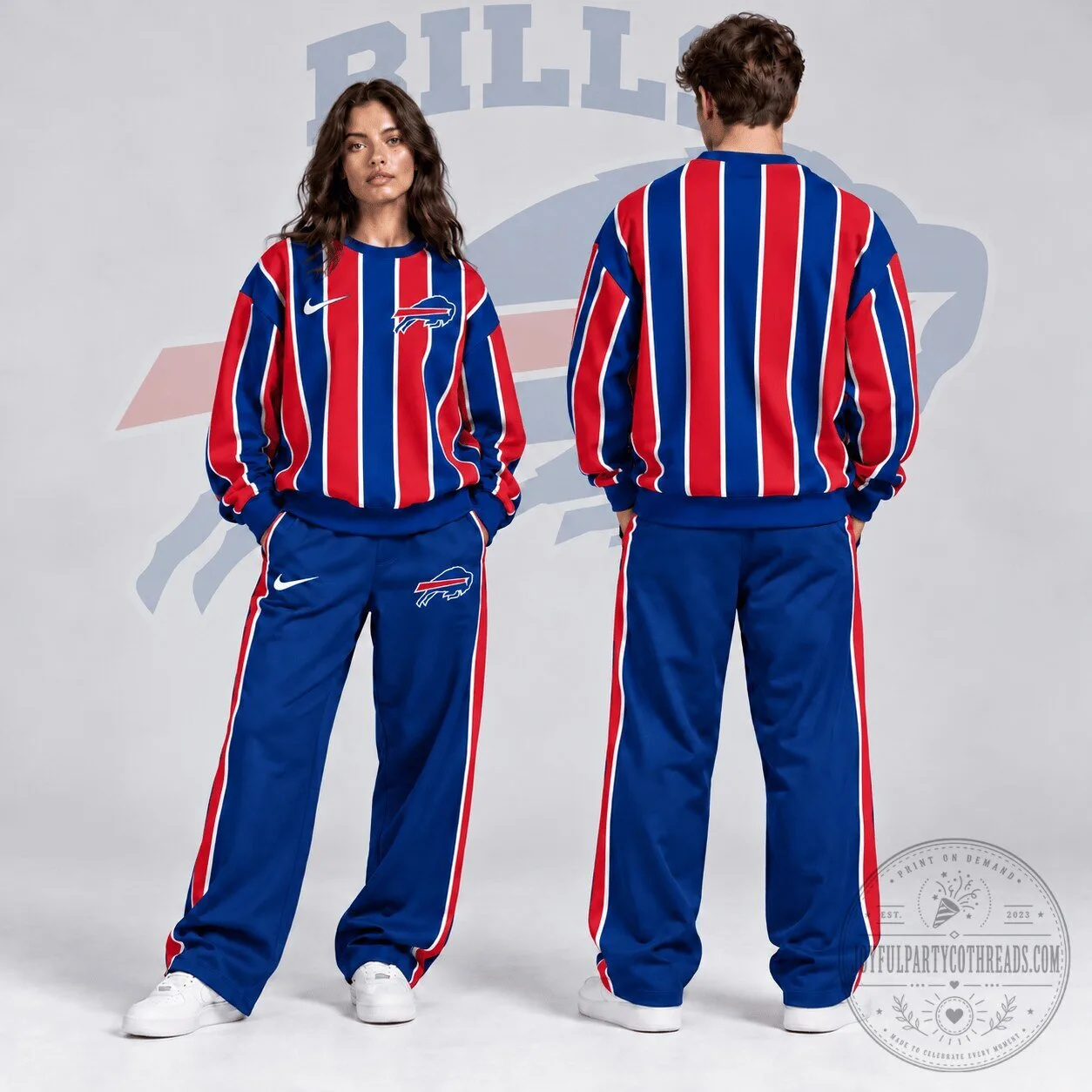 Buffalo Bills Red Blue Striped Crewneck Sweatshirt and Wide Leg Track Pants Set