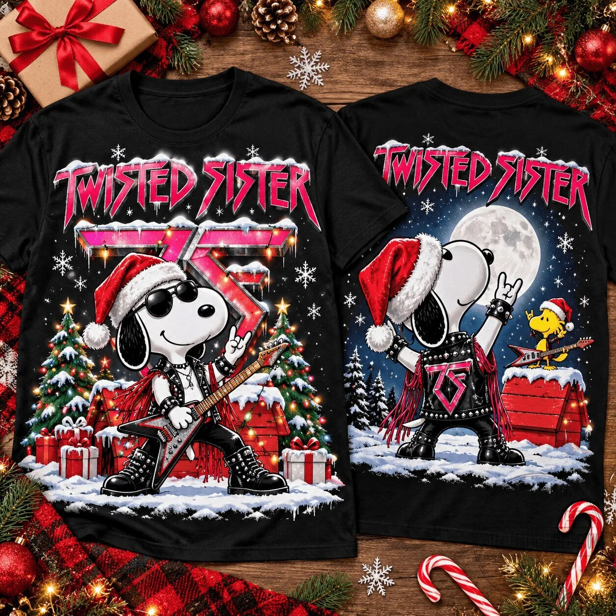 Twisted Sister Snoopy Guitar And Holiday Lights Christmas Black T-Shirt