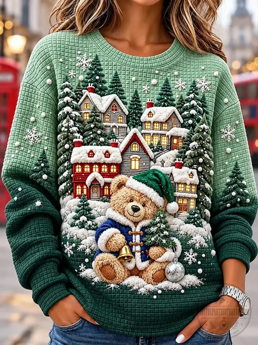 Women's Christmas Teddy Bear Winter Village Scene Quilted Sweatshirt