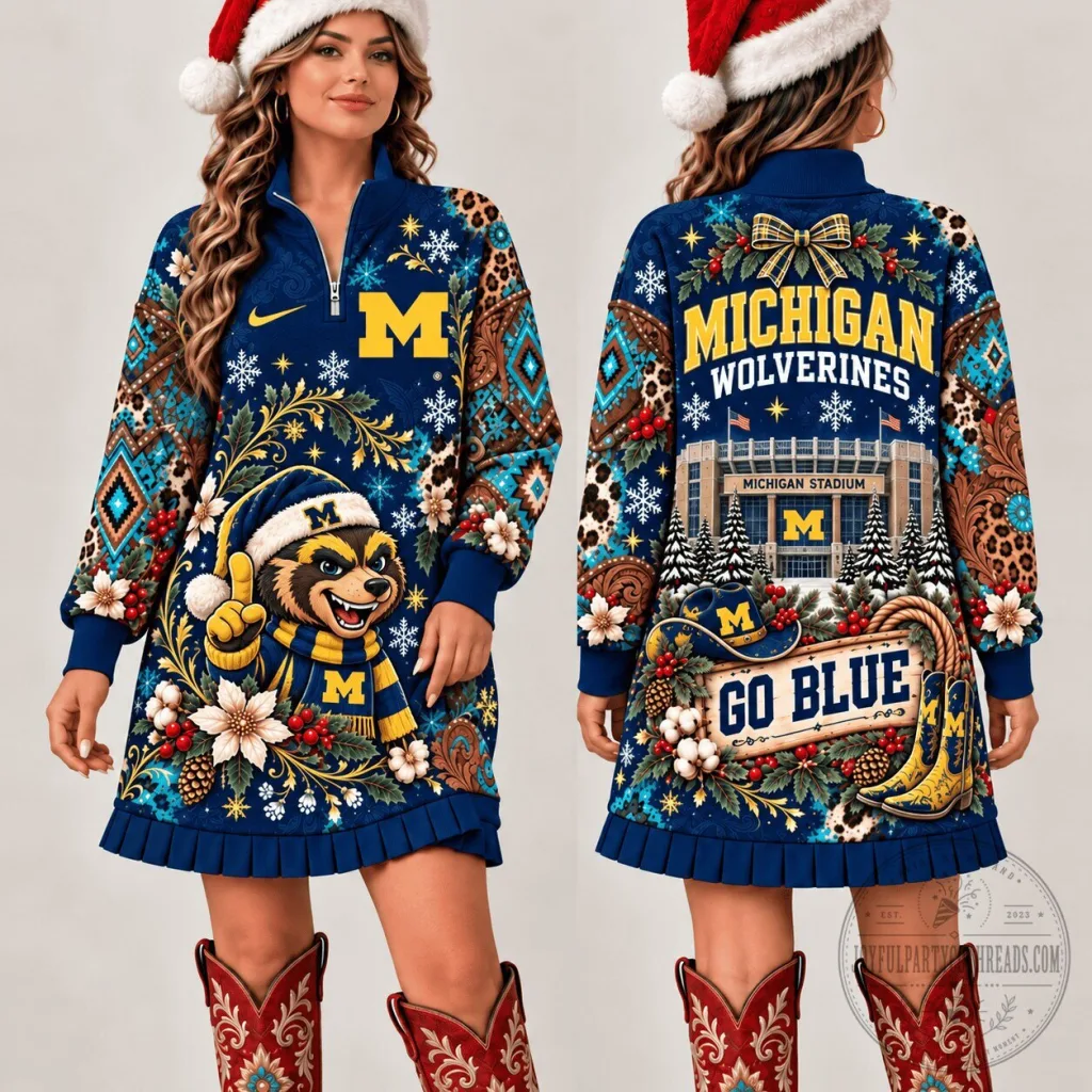 Michigan Wolverines Christmas Ugly Sweater Style Quarter Zip Dress Michigan Wolverines Christmas Ugly Sweater Style Quarter Zip Dress