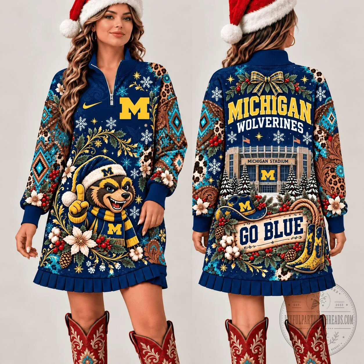Michigan Wolverines Christmas Ugly Sweater Style Quarter Zip Dress