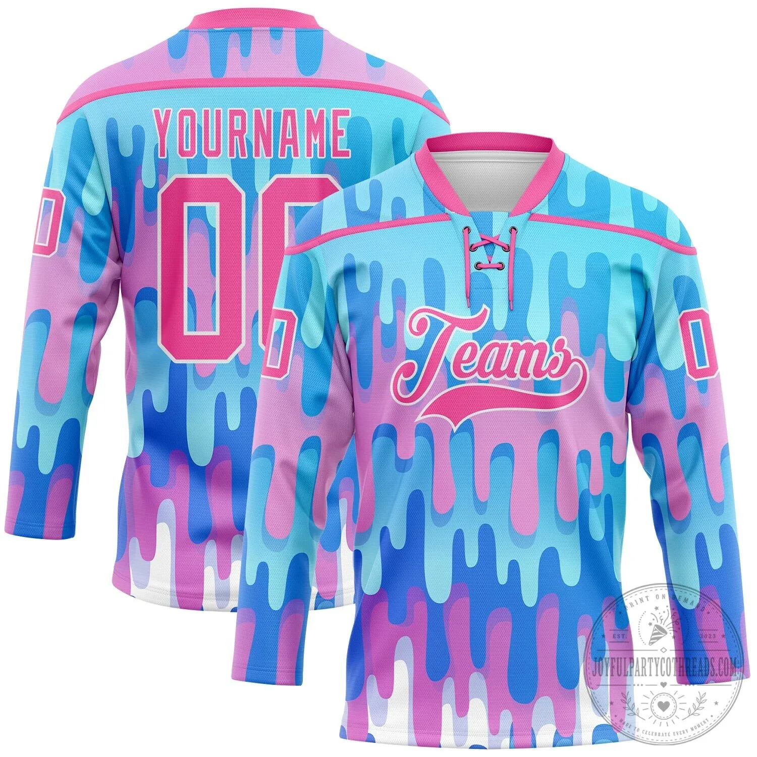 Custom Blue Pink White Melting Gradient Liquid Lace Neck Hockey Jersey 7 Custom Blue Pink White Melting Gradient Liquid Lace Neck Hockey Jersey
