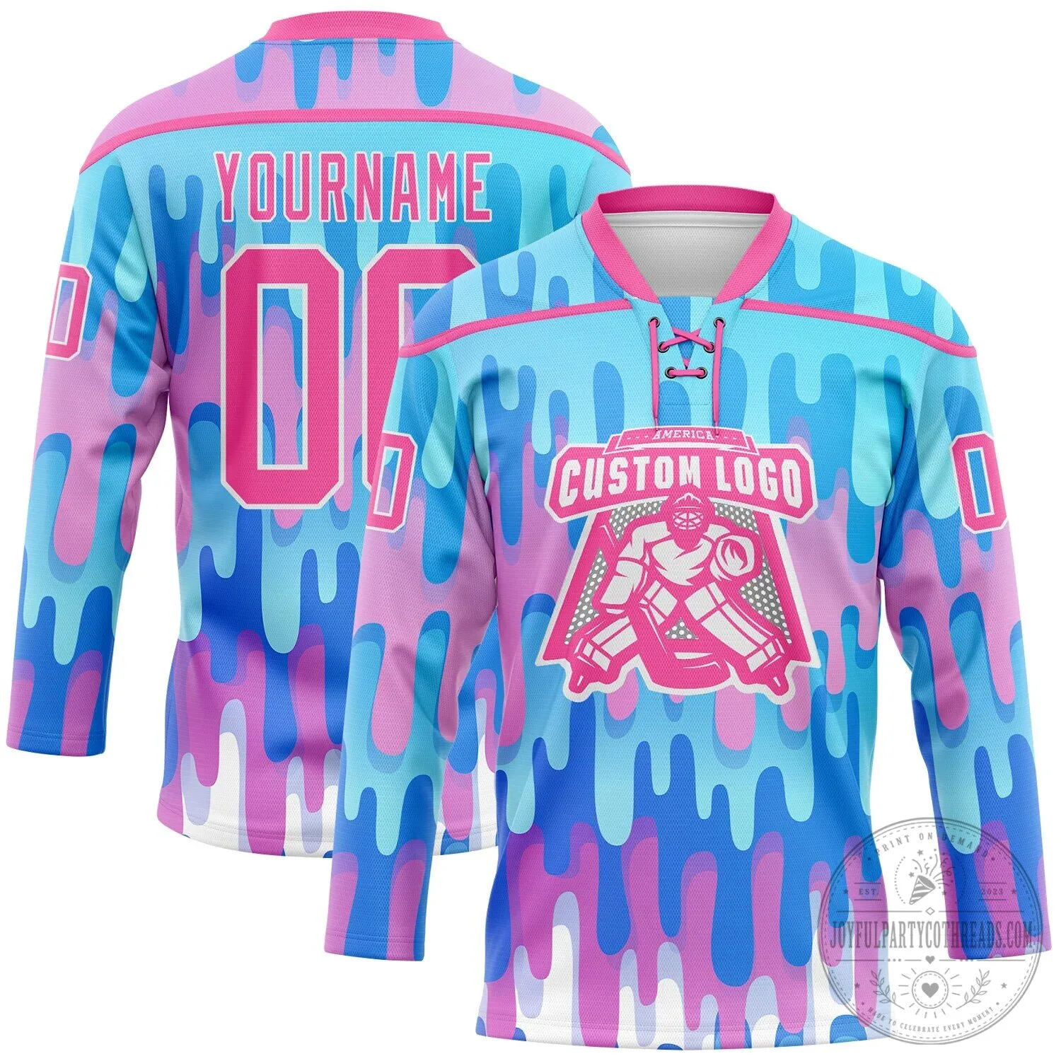 Custom Blue Pink White Melting Gradient Liquid Lace Neck Hockey Jersey 8 Custom Blue Pink White Melting Gradient Liquid Lace Neck Hockey Jersey